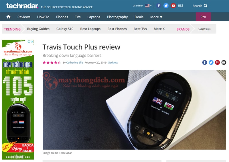 Review máy thông dịch travis trên trang web Techradar