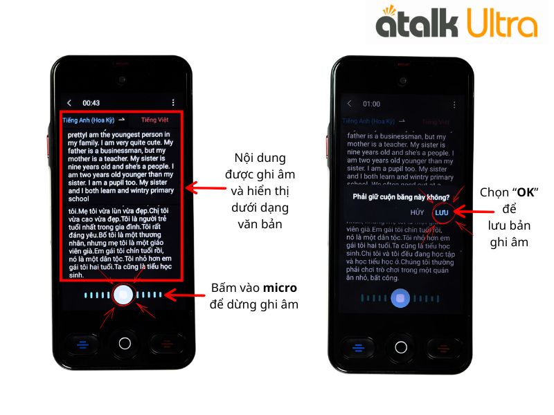 Cách Dừng Và Lưu Bản Ghi Âm Trên ATalk Ultra   