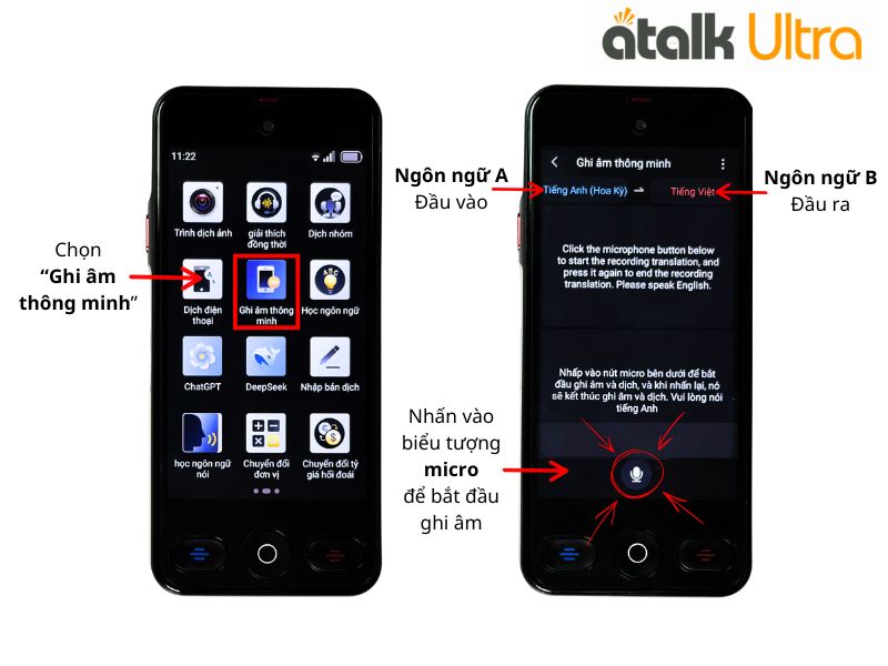 Cách Thiết Lập Ngôn Ngữ Cho Tính Năng Dịch Ghi Âm Trên Máy Dịch ATalk Ultra