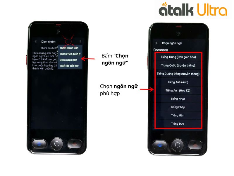 Thiết Lập Ngôn Ngữ Cho Tính Năng Phiên Dịch Hội Nhóm Trên ATalk Ultra 