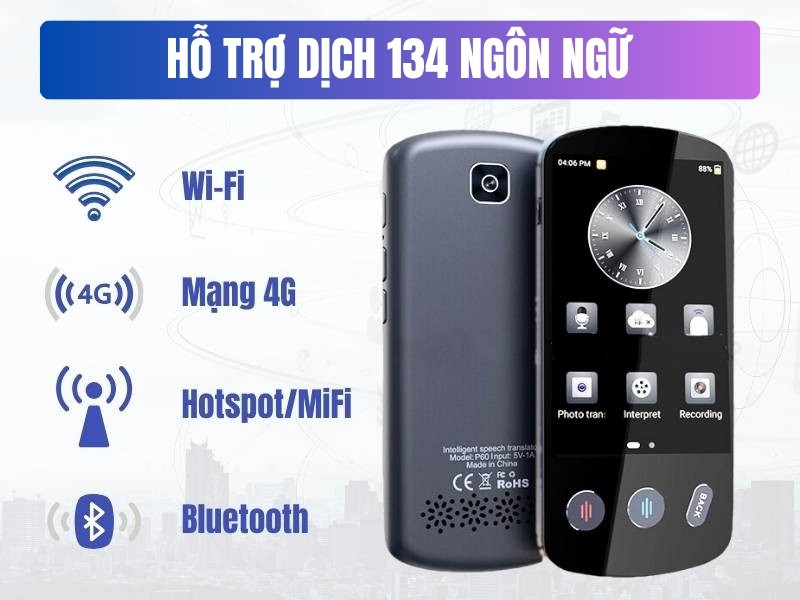 Máy thông dịch A-Tech Go P60 dịch được 143 ngôn ngữ phổ biến trên thế giới Máy thông dịch A-Tech Go P60 dịch được 143 ngôn ngữ phổ biến trên thế giới