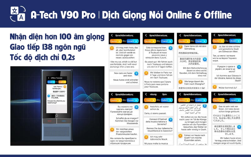 Tính năng dịch giọng nói Online & offline trên máy dịch đa ngôn ngữ A-Tech V90 Pro