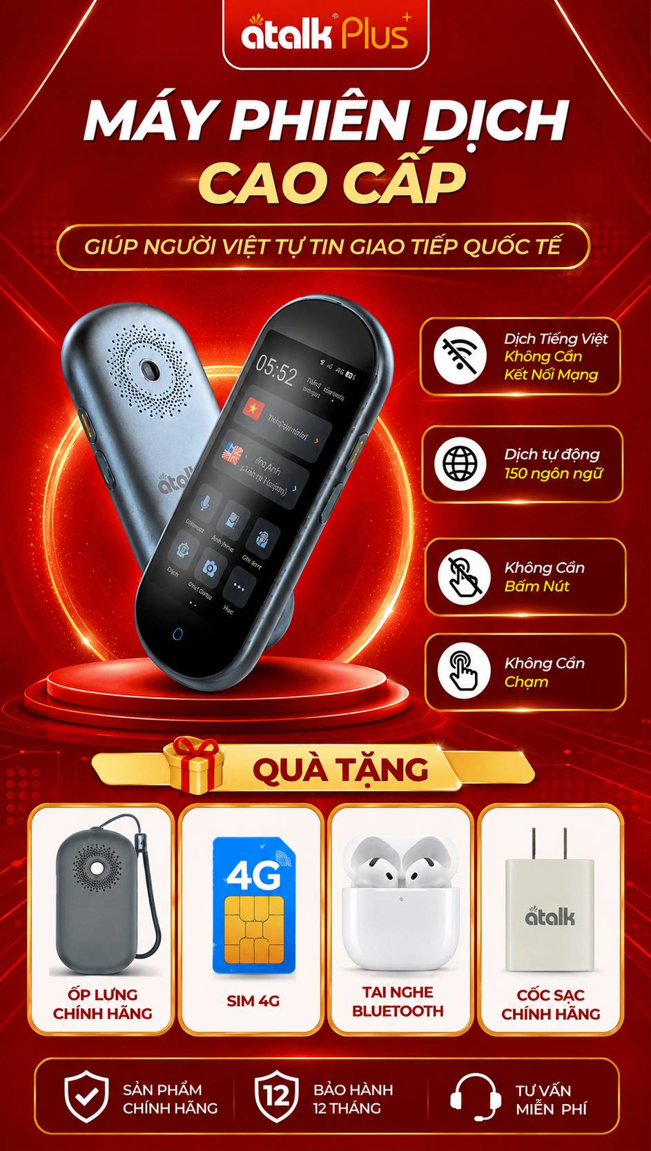Máy Dịch Ngôn Ngữ  ATalk Plus+ Máy Thông Dịch Tiếng Việt Cao Cấp Rõ Nghĩa