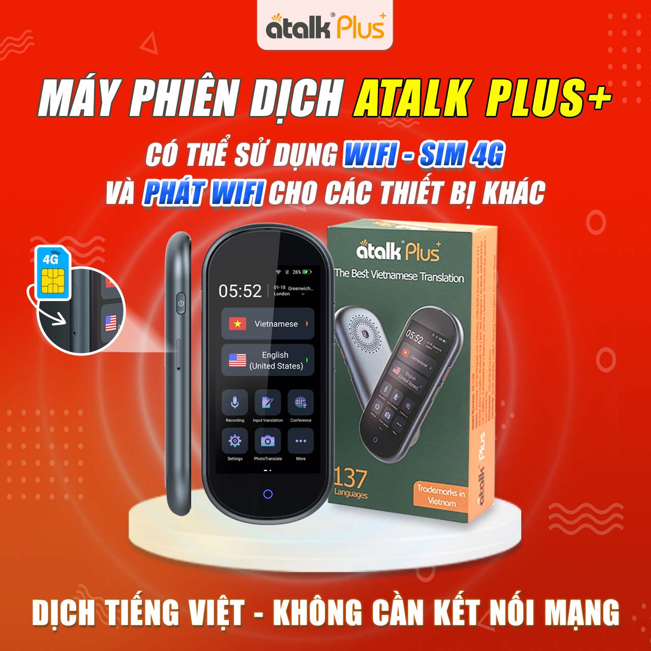 Máy Phiên Dịch ATalk Plus+ | Dịch Tiếng Việt TỐT NHẤT Thế Giới