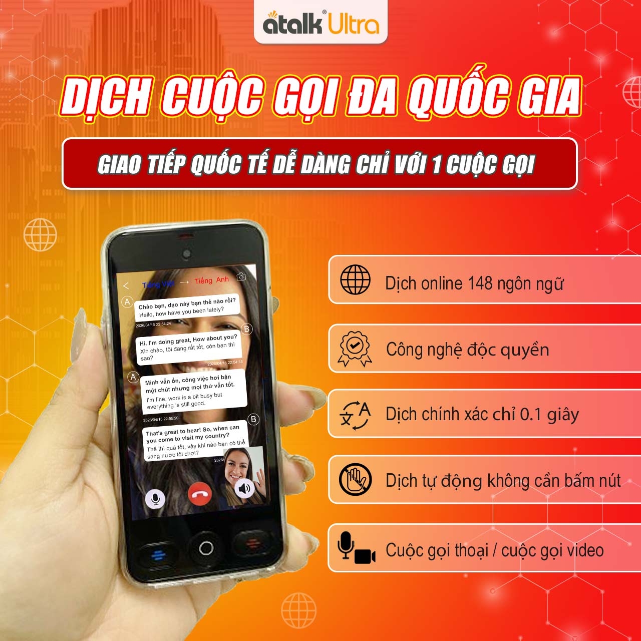 ATalk Ultra Dịch Cuộc Gọi Theo Thời Gian Thực Xuyên Quốc Gia Không Gián Đoạn