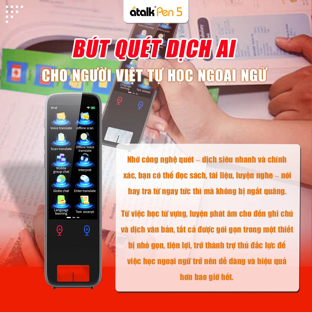 Bút Phiên Dịch Thông Minh ATalk Pen 5 Hỗ Trợ Quét Dịch Nhanh Chóng