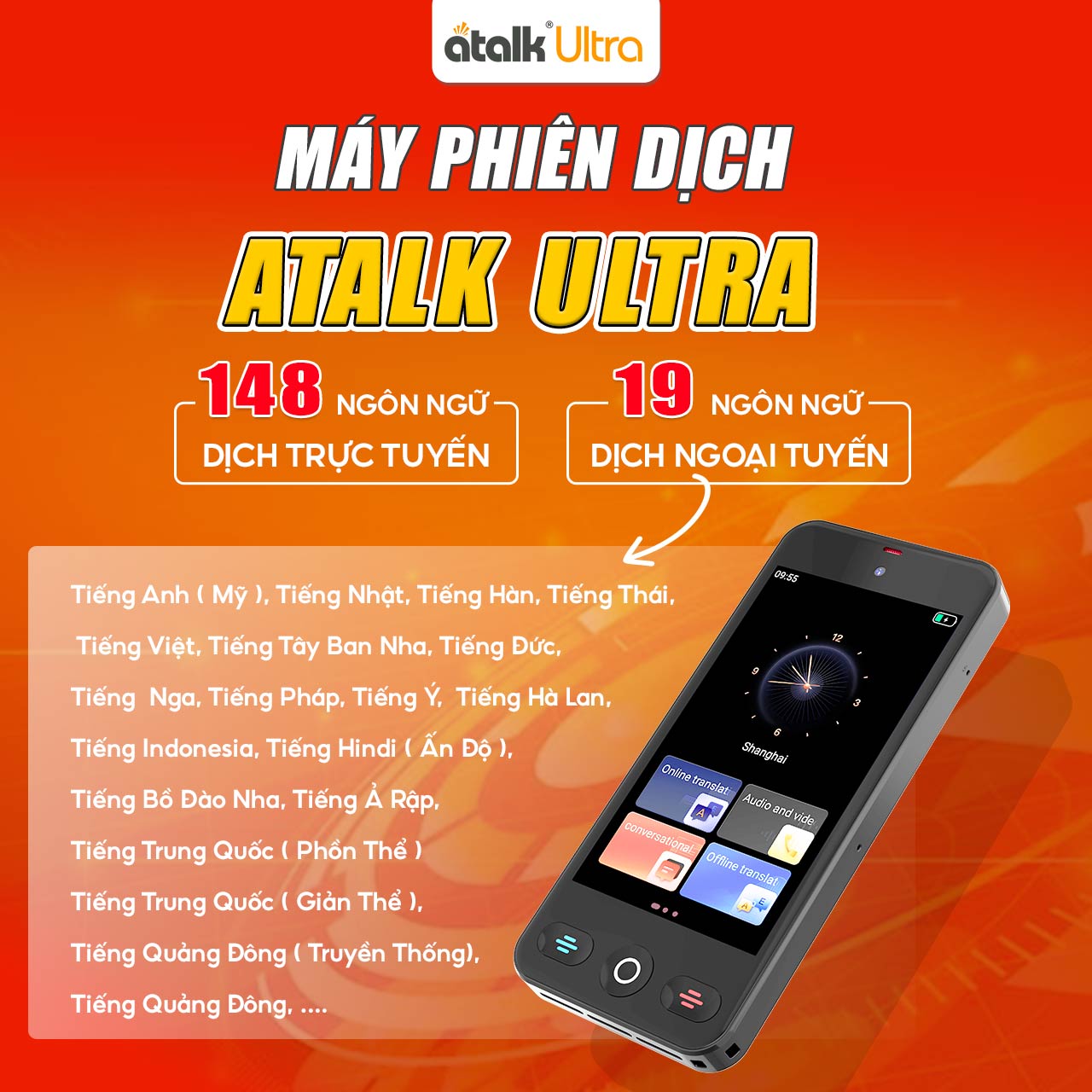 Máy Phiên Dịch 2 Chiều ATalk Ultra Hỗ Trợ Phiên Dịch Đa Ngôn Ngữ Tức Thì