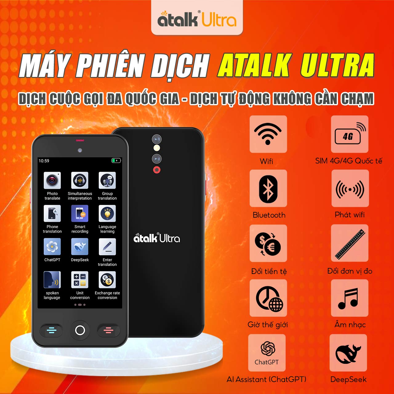 Máy Phiên Dịch ATalk Ultra Phiên Dịch Thông Minh Ứng Dụng AI Thông Minh