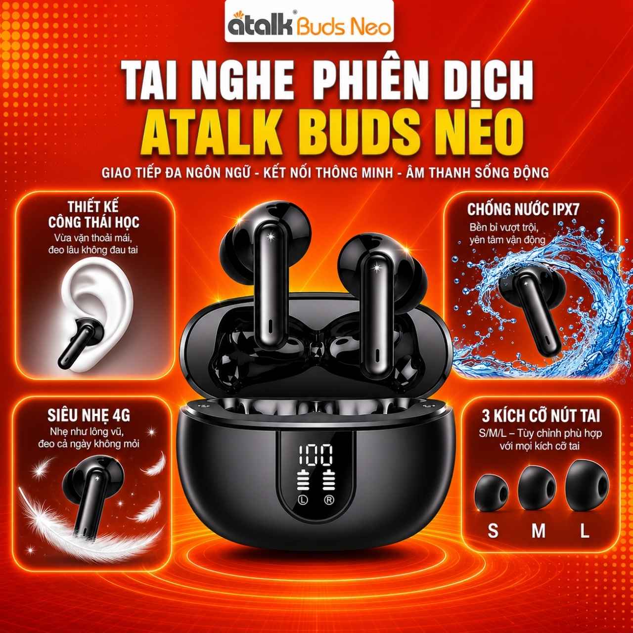 Tai Nghe Phiên Dịch ATalk Buds Neo Giao Tiếp Đa Ngôn Ngữ Tiện Lợi