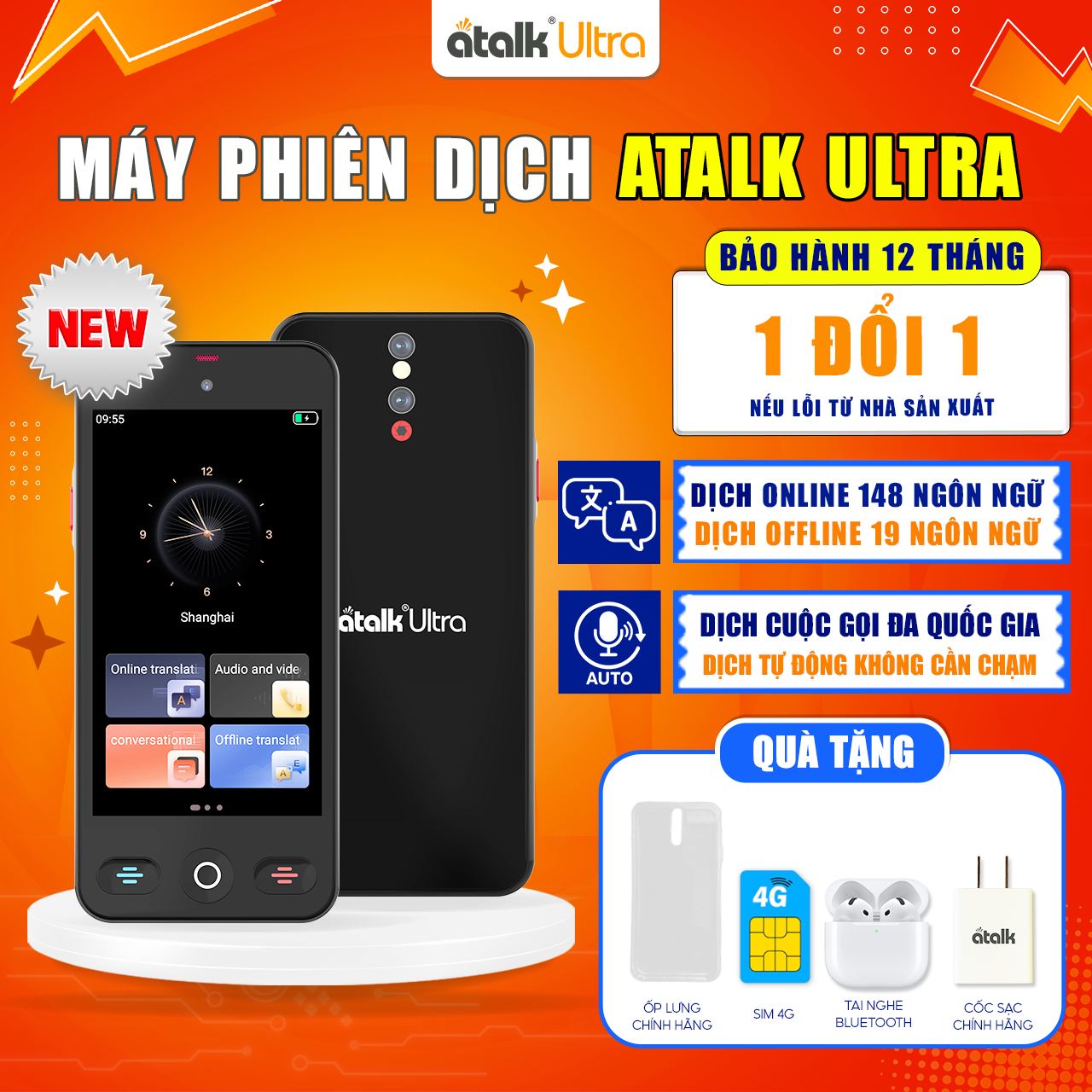 Máy Phiên Dịch Ngôn Ngữ ATalk Ultra - Hỗ Trợ Phiên Dịch Không Cần Bấm Nút Không Cần Chạm